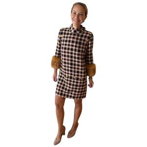 GUCCI Tweed Damier Snap Off Mini Tunic Dress Pink BarbieCore W Fur Detail Sz 38